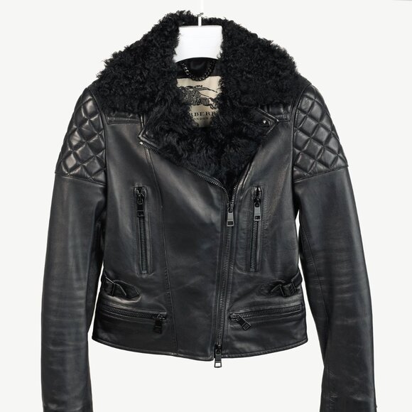 Burberry Oatshire Black Shearling Quilted Leather Moto Jacket